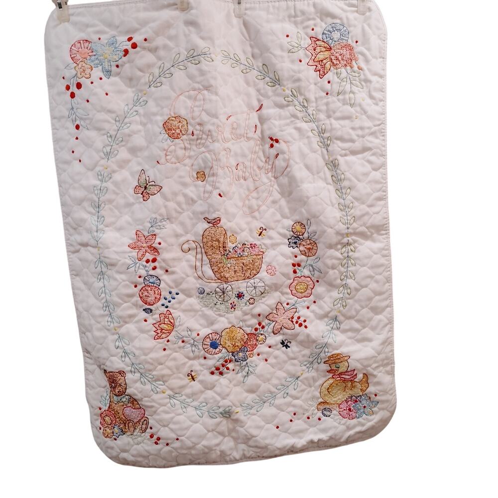 SWEET BABY CRIB BLANKET QUILT COVER EMBROIDERY TEDDYBEAR DUCK CARRIAGE 42.5"X31"
